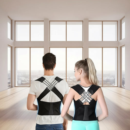 Two people wearing black posture correctors on a white background