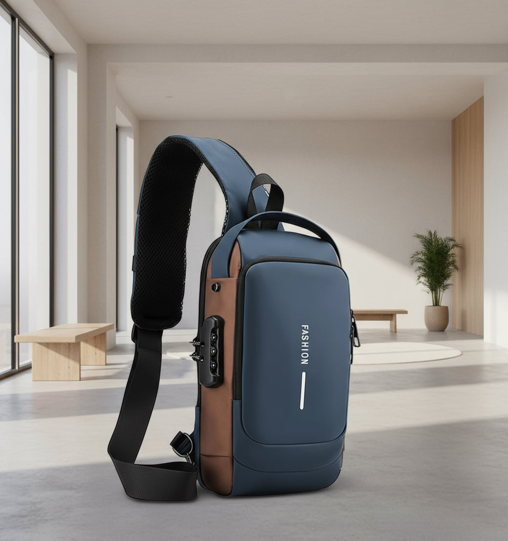 Blue and brown sling bag with USB port on a white background